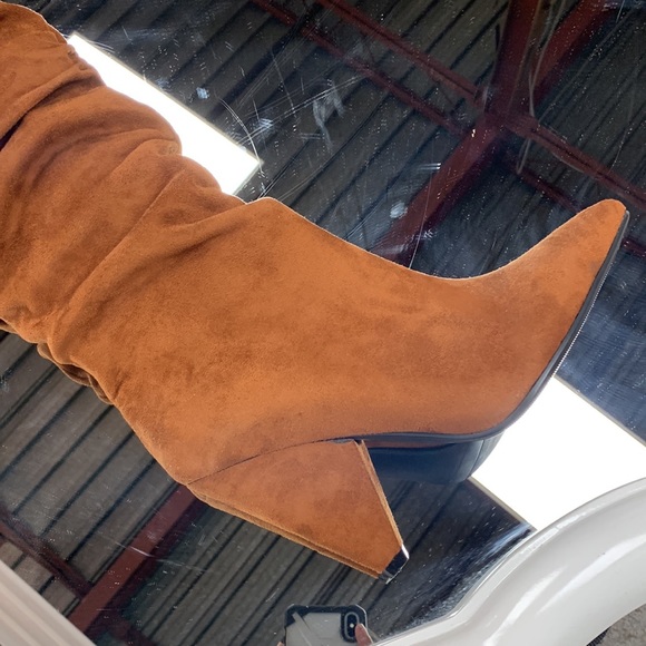 Women’s Cone Heel Knee High Slouchy Boot with Pointed Toe in Camel Faux Suede - Picture 9 of 14